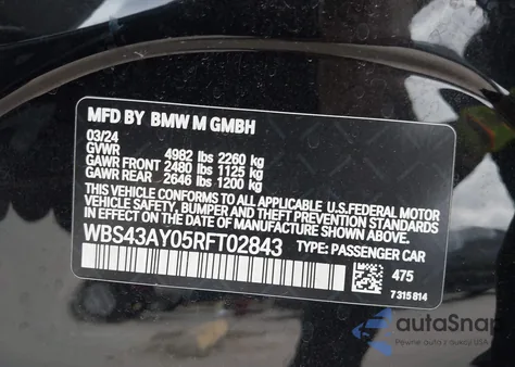 2024 BMW M3 Competition xDrive z USA, uszkodzony, nr VIN WBS43AY05RFT02843